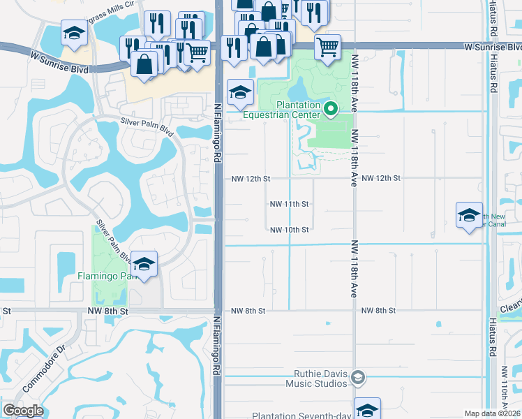 map of restaurants, bars, coffee shops, grocery stores, and more near 1101 Northwest 122nd Avenue in Plantation