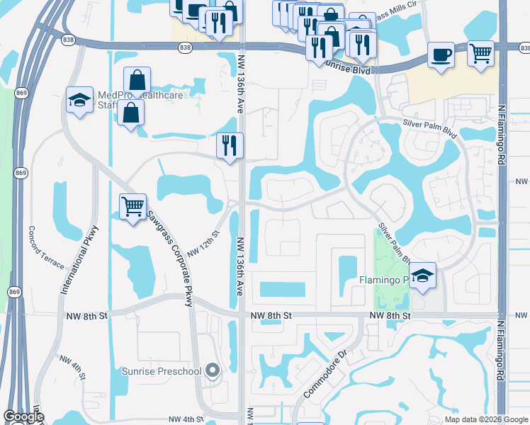 map of restaurants, bars, coffee shops, grocery stores, and more near 13371 Northwest 12th Court in Sunrise