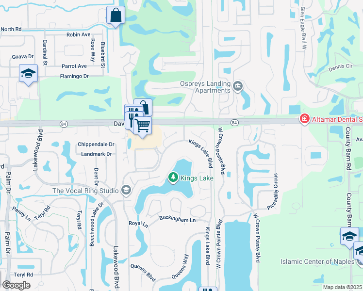 map of restaurants, bars, coffee shops, grocery stores, and more near 1716 Kings Lake Boulevard in Naples