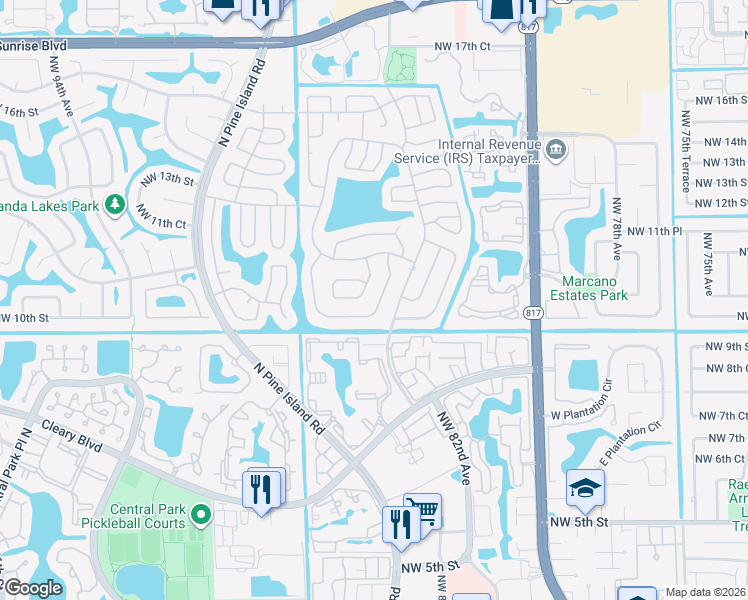 map of restaurants, bars, coffee shops, grocery stores, and more near 1055 Northwest 85th Terrace in Plantation