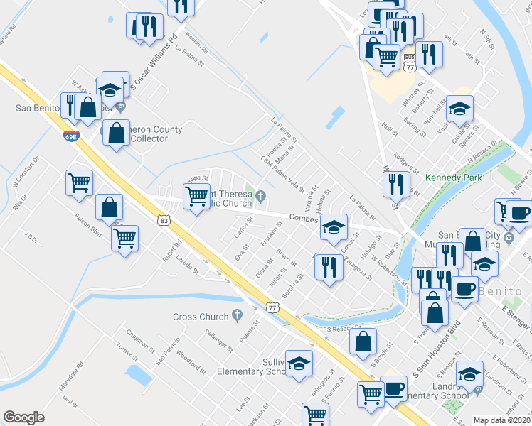 map of restaurants, bars, coffee shops, grocery stores, and more near 398 Caoba Street in San Benito