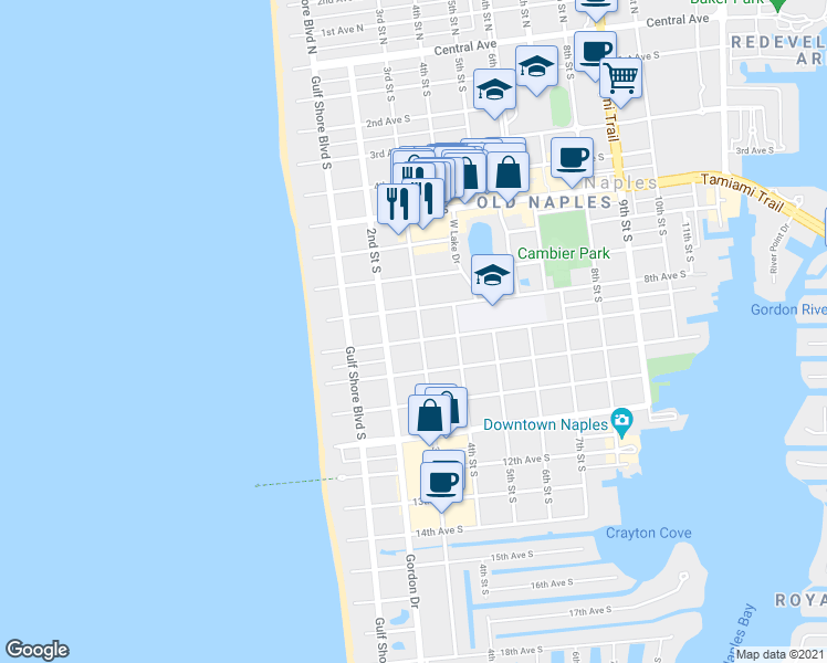 map of restaurants, bars, coffee shops, grocery stores, and more near 289 9th Avenue South in Naples
