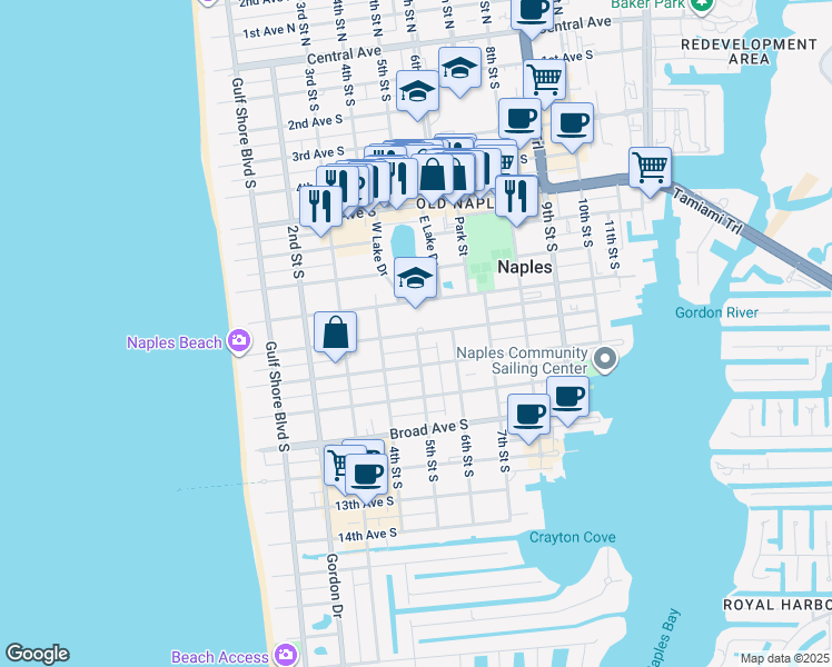 map of restaurants, bars, coffee shops, grocery stores, and more near 542 8th Avenue South in Naples