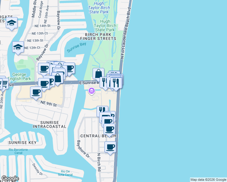 map of restaurants, bars, coffee shops, grocery stores, and more near 915 East Sunrise Boulevard in Fort Lauderdale