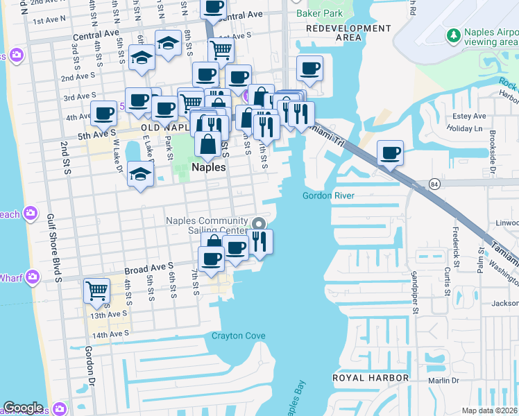 map of restaurants, bars, coffee shops, grocery stores, and more near 1001 10th Avenue South in Naples