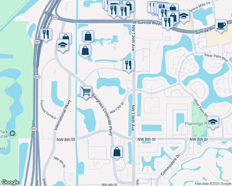 map of restaurants, bars, coffee shops, grocery stores, and more near 13621 Northwest 12th Street in Sunrise