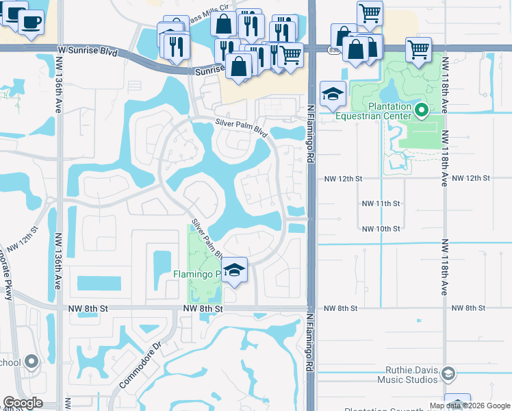 map of restaurants, bars, coffee shops, grocery stores, and more near 12631 Northwest 13th Court in Sunrise