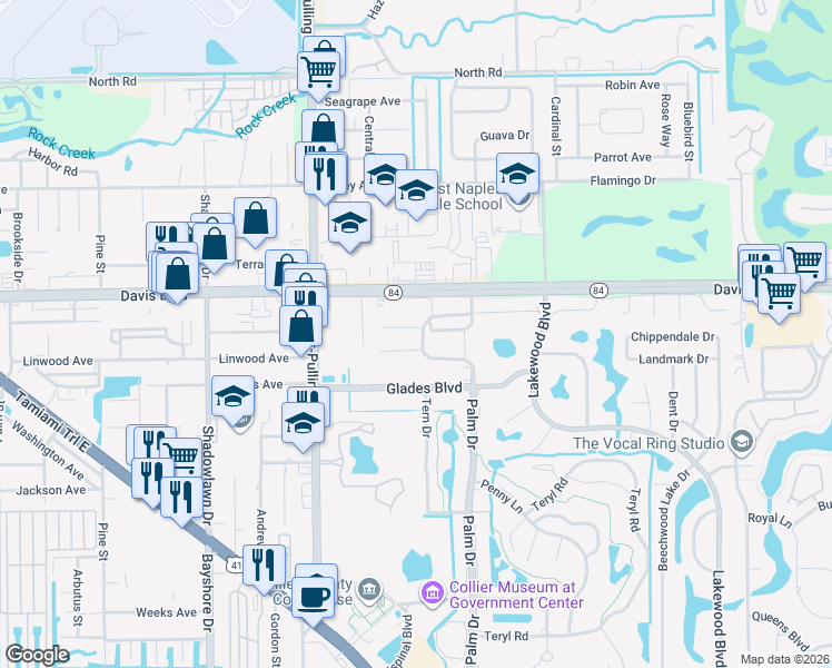 map of restaurants, bars, coffee shops, grocery stores, and more near 3470 Frosty Way in Naples