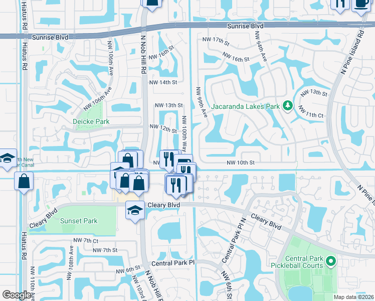 map of restaurants, bars, coffee shops, grocery stores, and more near 1025 Northwest 99th Avenue in Plantation