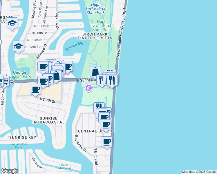 map of restaurants, bars, coffee shops, grocery stores, and more near 915 East Sunrise Boulevard in Fort Lauderdale
