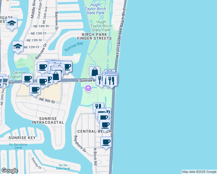 map of restaurants, bars, coffee shops, grocery stores, and more near 915 East Sunrise Boulevard in Fort Lauderdale