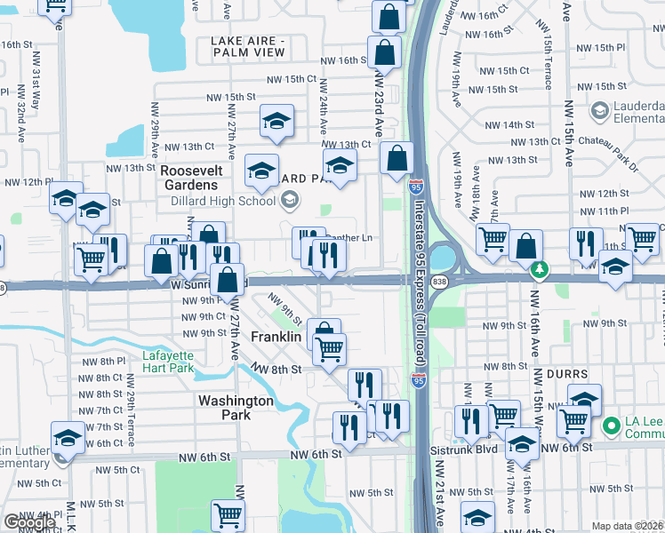 map of restaurants, bars, coffee shops, grocery stores, and more near 1040 Northwest 23rd Road in Fort Lauderdale