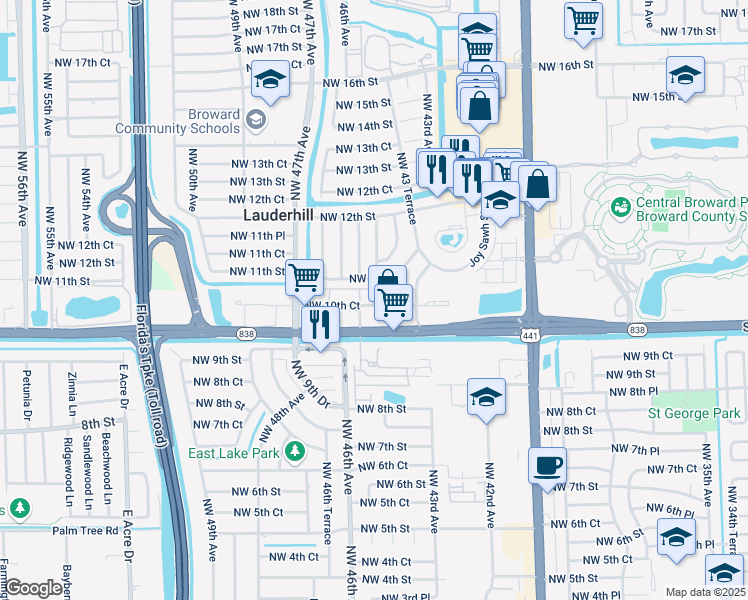 map of restaurants, bars, coffee shops, grocery stores, and more near 4430 Northwest 10th Place in Lauderhill