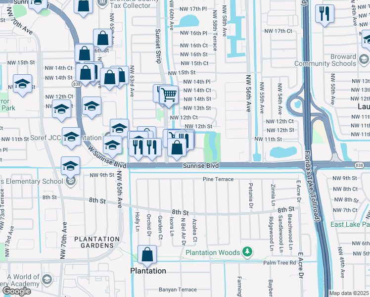 map of restaurants, bars, coffee shops, grocery stores, and more near 6005 Del Lago Circle in Sunrise