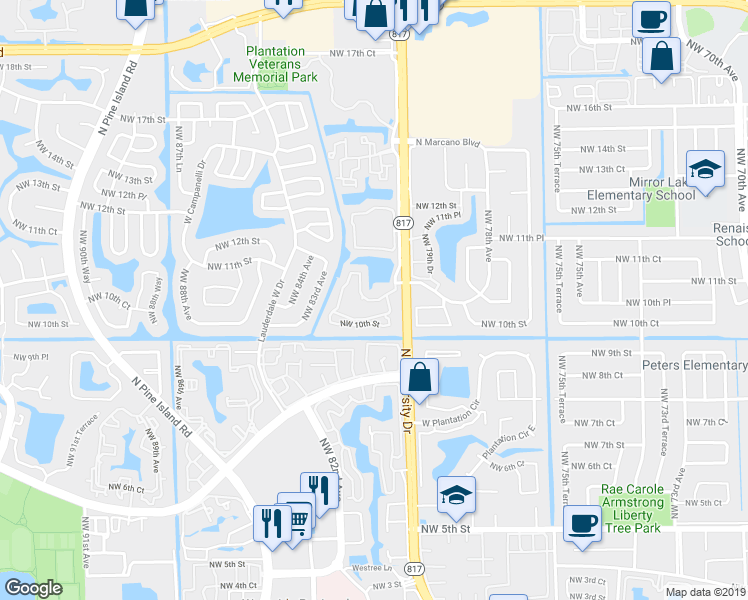 map of restaurants, bars, coffee shops, grocery stores, and more near 1066 Northwest 80th Terrace in Plantation