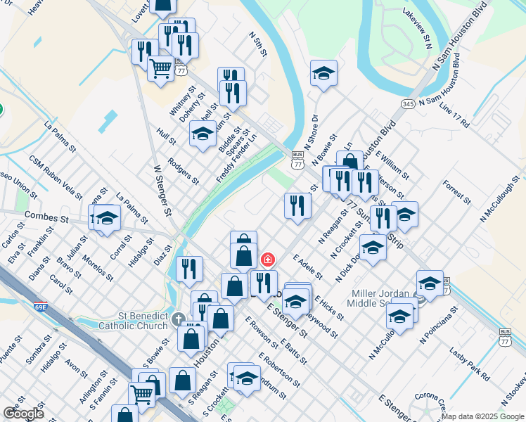 map of restaurants, bars, coffee shops, grocery stores, and more near 106 Palo Blanco Drive in San Benito