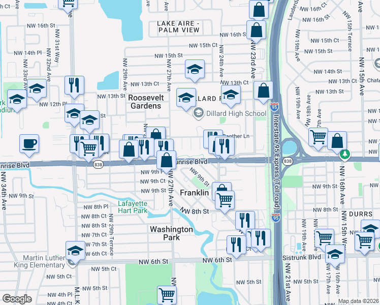 map of restaurants, bars, coffee shops, grocery stores, and more near 1050 Northwest 25th Way in Fort Lauderdale