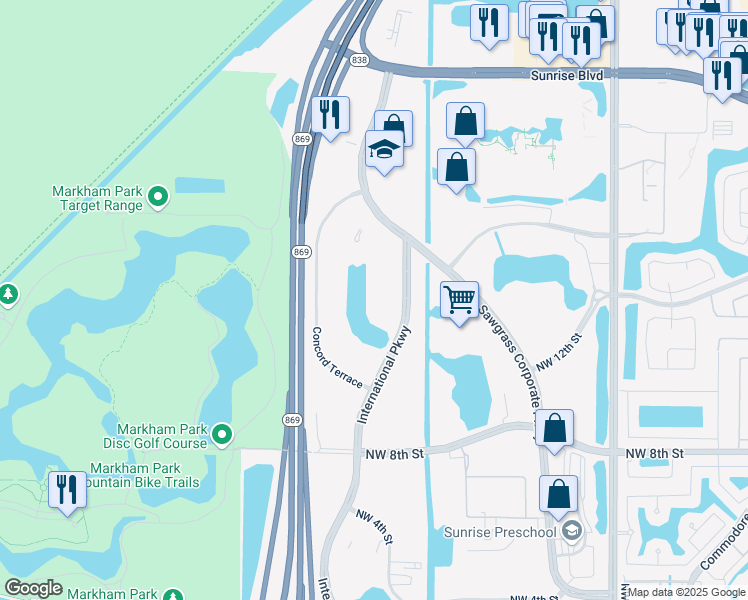 map of restaurants, bars, coffee shops, grocery stores, and more near 1301 International Parkway in Sunrise