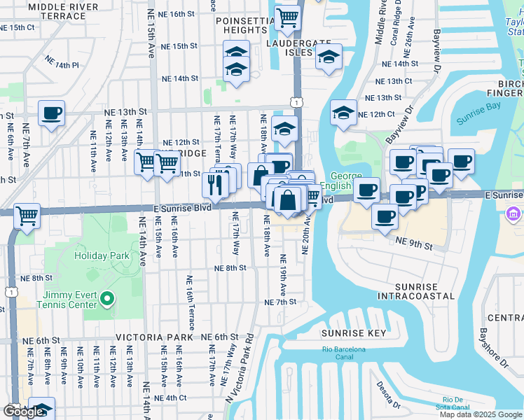 map of restaurants, bars, coffee shops, grocery stores, and more near 1776 East Sunrise Boulevard in Fort Lauderdale