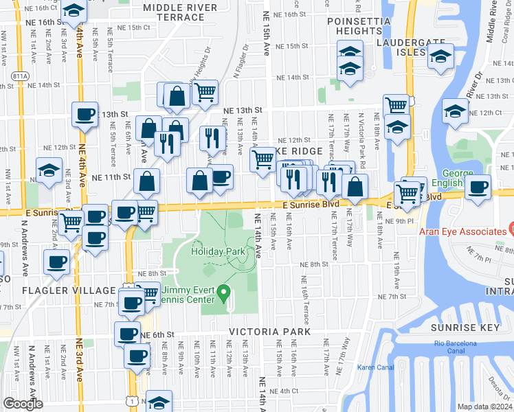 map of restaurants, bars, coffee shops, grocery stores, and more near 1400 East Sunrise Boulevard in Fort Lauderdale