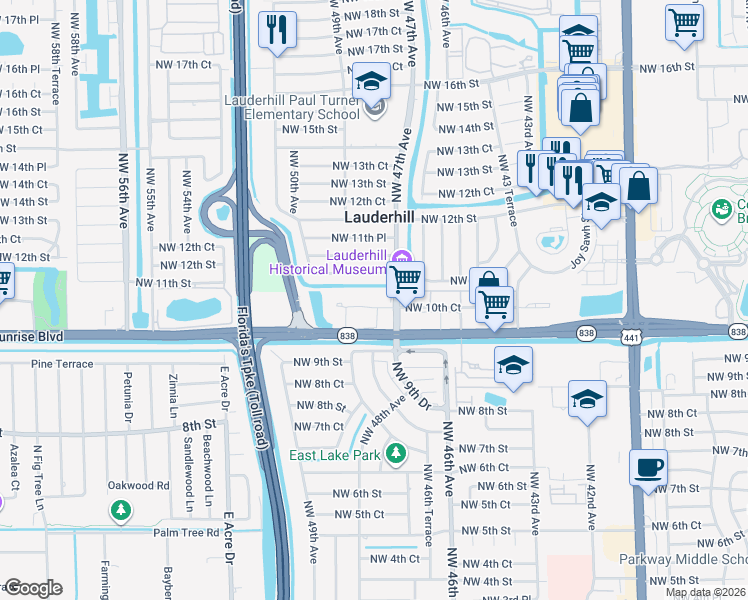 map of restaurants, bars, coffee shops, grocery stores, and more near 4731 Northwest 10th Court in Plantation