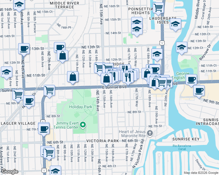 map of restaurants, bars, coffee shops, grocery stores, and more near 1542 East Sunrise Boulevard in Fort Lauderdale