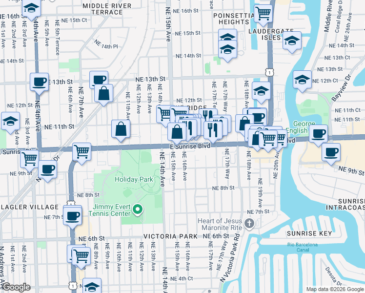 map of restaurants, bars, coffee shops, grocery stores, and more near 1566 East Sunrise Boulevard in Fort Lauderdale
