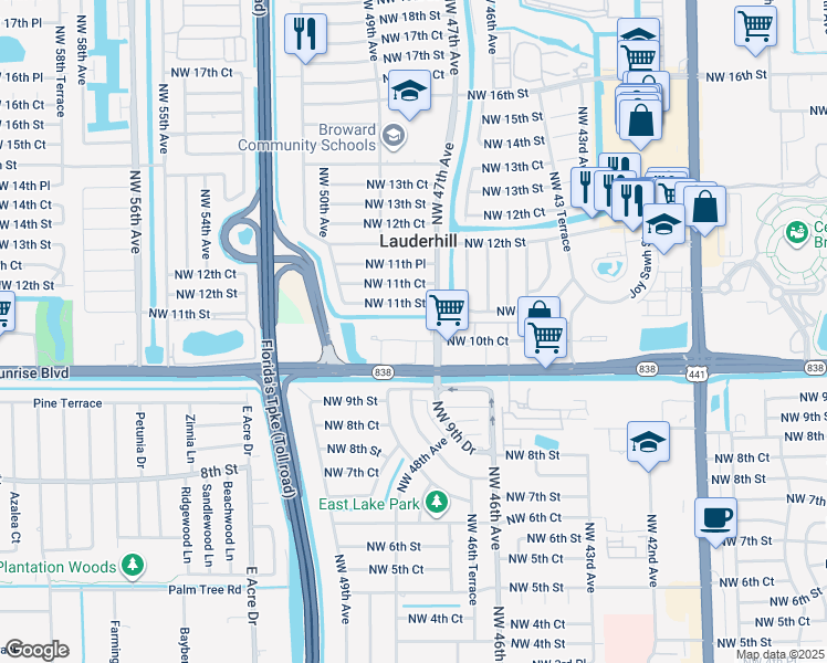 map of restaurants, bars, coffee shops, grocery stores, and more near 4731 Northwest 10th Court in Plantation