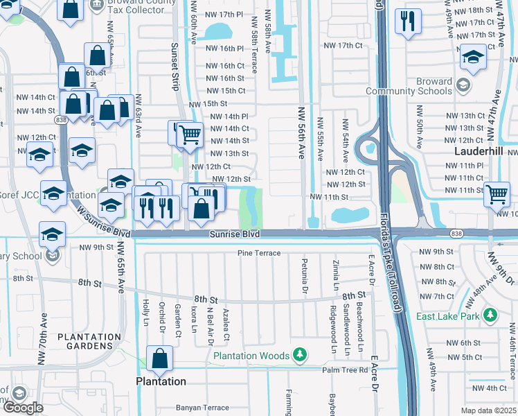 map of restaurants, bars, coffee shops, grocery stores, and more near 1101 Northwest 58th Terrace in Sunrise