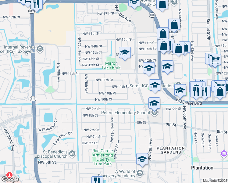 map of restaurants, bars, coffee shops, grocery stores, and more near 7220 Northwest 11th Street in Plantation