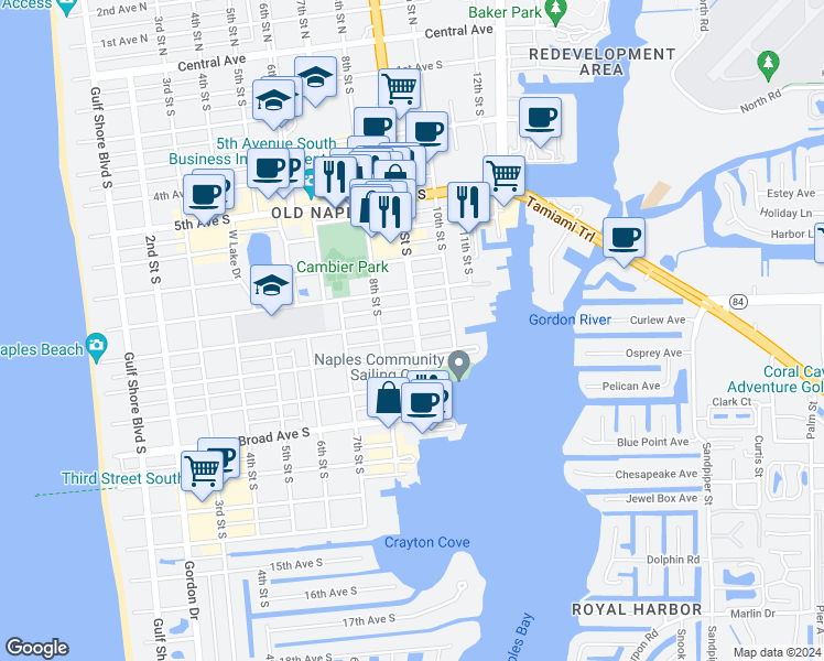 map of restaurants, bars, coffee shops, grocery stores, and more near 841 9th Avenue South in Naples