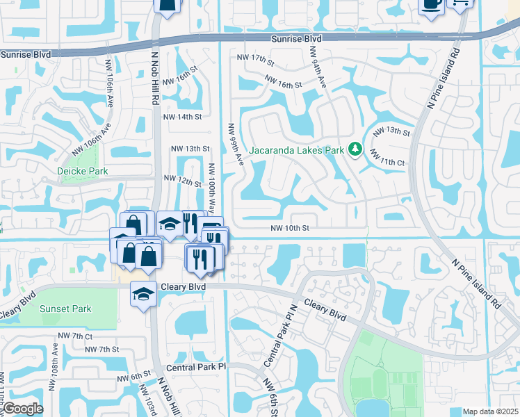 map of restaurants, bars, coffee shops, grocery stores, and more near 9811 Northwest 10th Court in Plantation