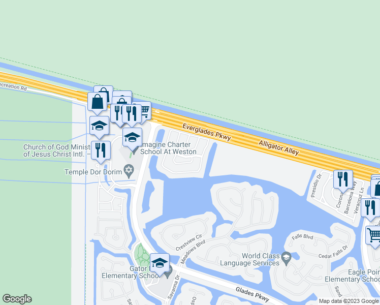 map of restaurants, bars, coffee shops, grocery stores, and more near 2002 Madeira Drive in Weston