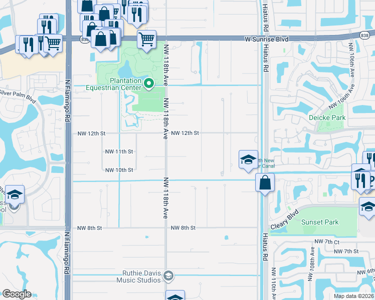 map of restaurants, bars, coffee shops, grocery stores, and more near 11701 Northwest 11th Street in Plantation