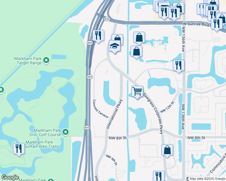 map of restaurants, bars, coffee shops, grocery stores, and more near 1301 International Parkway in Sunrise