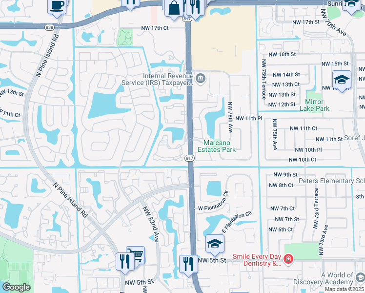 map of restaurants, bars, coffee shops, grocery stores, and more near 1066 Northwest 80th Terrace in Plantation