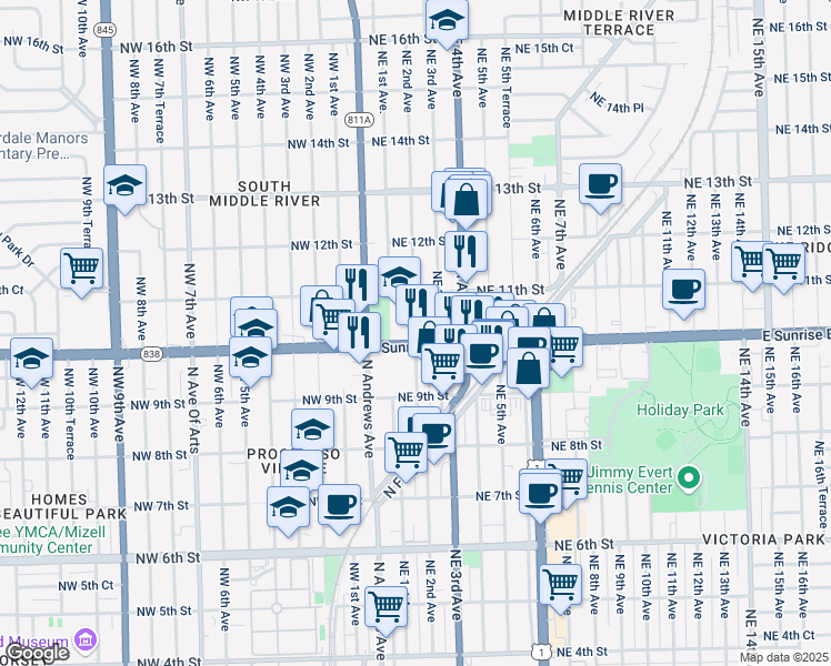 map of restaurants, bars, coffee shops, grocery stores, and more near 1020 Northeast 2nd Avenue in Fort Lauderdale