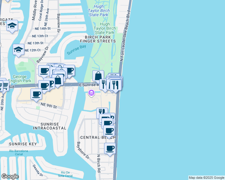 map of restaurants, bars, coffee shops, grocery stores, and more near 915 East Sunrise Boulevard in Fort Lauderdale