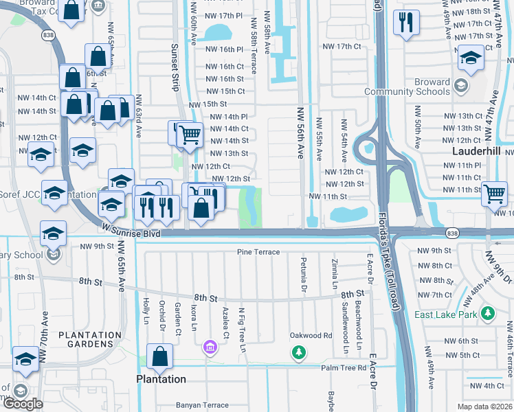 map of restaurants, bars, coffee shops, grocery stores, and more near 1103 Northwest 58th Terrace in Sunrise