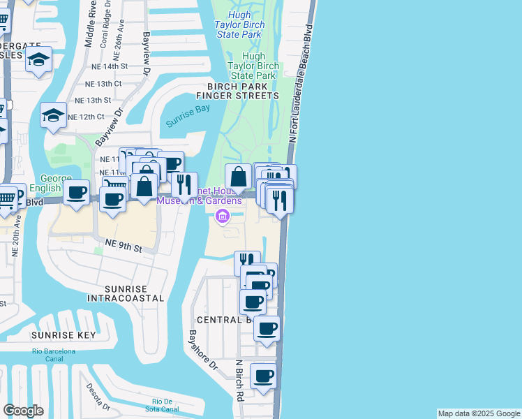 map of restaurants, bars, coffee shops, grocery stores, and more near 915 East Sunrise Boulevard in Fort Lauderdale