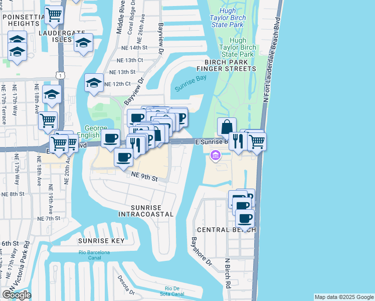 map of restaurants, bars, coffee shops, grocery stores, and more near 2670 East Sunrise Boulevard in Fort Lauderdale