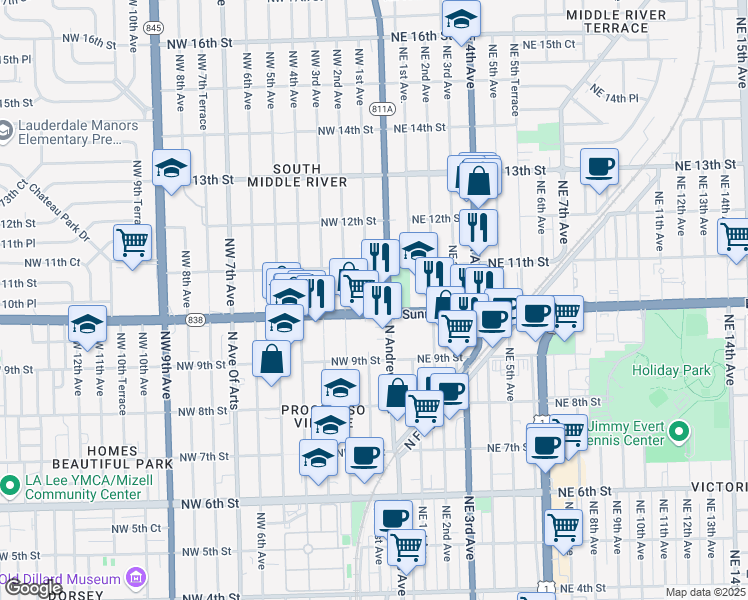 map of restaurants, bars, coffee shops, grocery stores, and more near 1 West Sunrise Boulevard in Fort Lauderdale