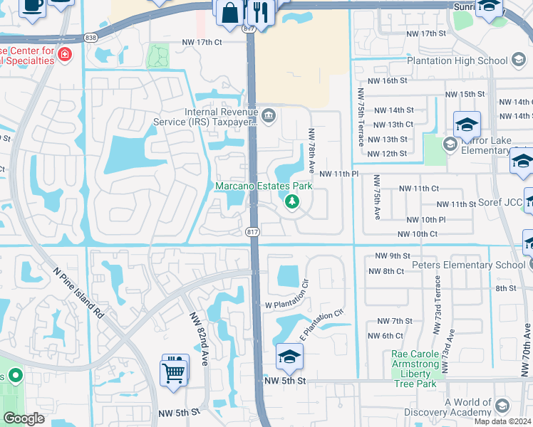 map of restaurants, bars, coffee shops, grocery stores, and more near 7980 South Marcano Boulevard in Plantation