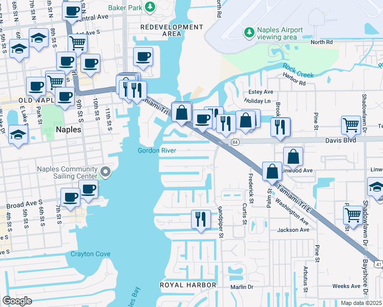 map of restaurants, bars, coffee shops, grocery stores, and more near 1594 Curlew Avenue in Naples