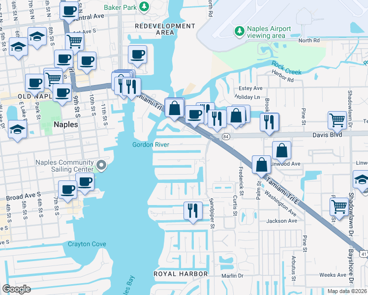 map of restaurants, bars, coffee shops, grocery stores, and more near 1540 Curlew Avenue in Naples