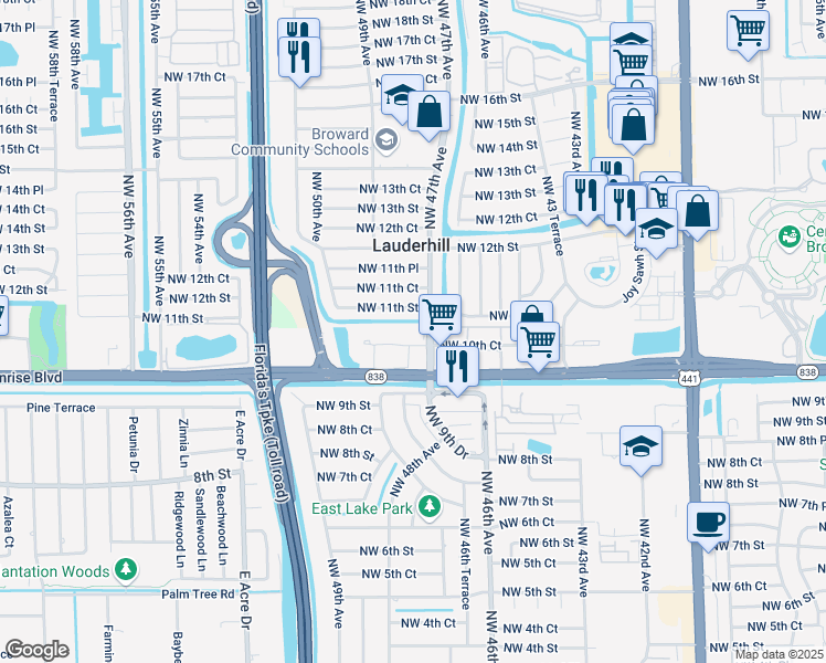 map of restaurants, bars, coffee shops, grocery stores, and more near 4731 Northwest 10th Court in Plantation