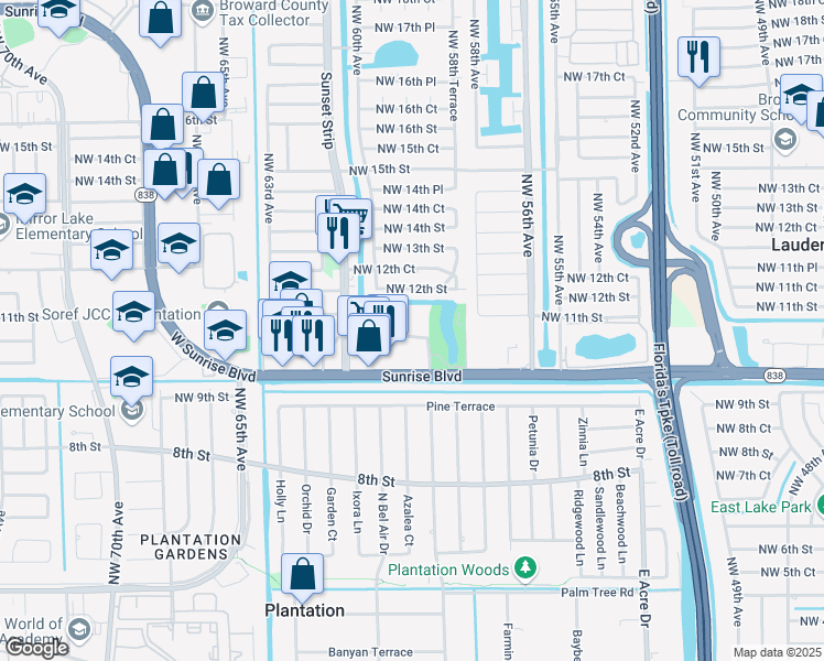 map of restaurants, bars, coffee shops, grocery stores, and more near 5935 Del Lago Circle in Sunrise