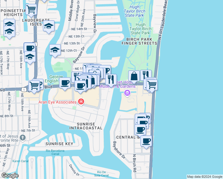map of restaurants, bars, coffee shops, grocery stores, and more near 2670 East Sunrise Boulevard in Fort Lauderdale