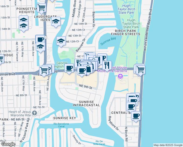 map of restaurants, bars, coffee shops, grocery stores, and more near 2584A East Sunrise Boulevard in Fort Lauderdale