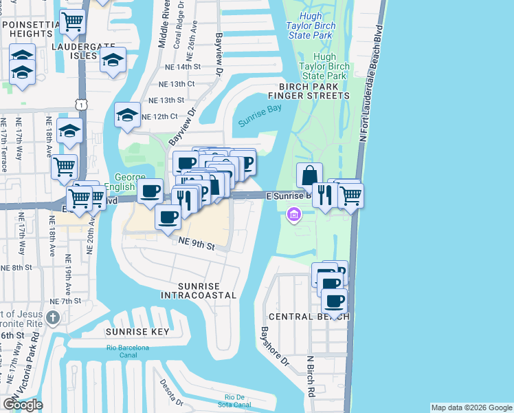 map of restaurants, bars, coffee shops, grocery stores, and more near 2670 East Sunrise Boulevard in Fort Lauderdale